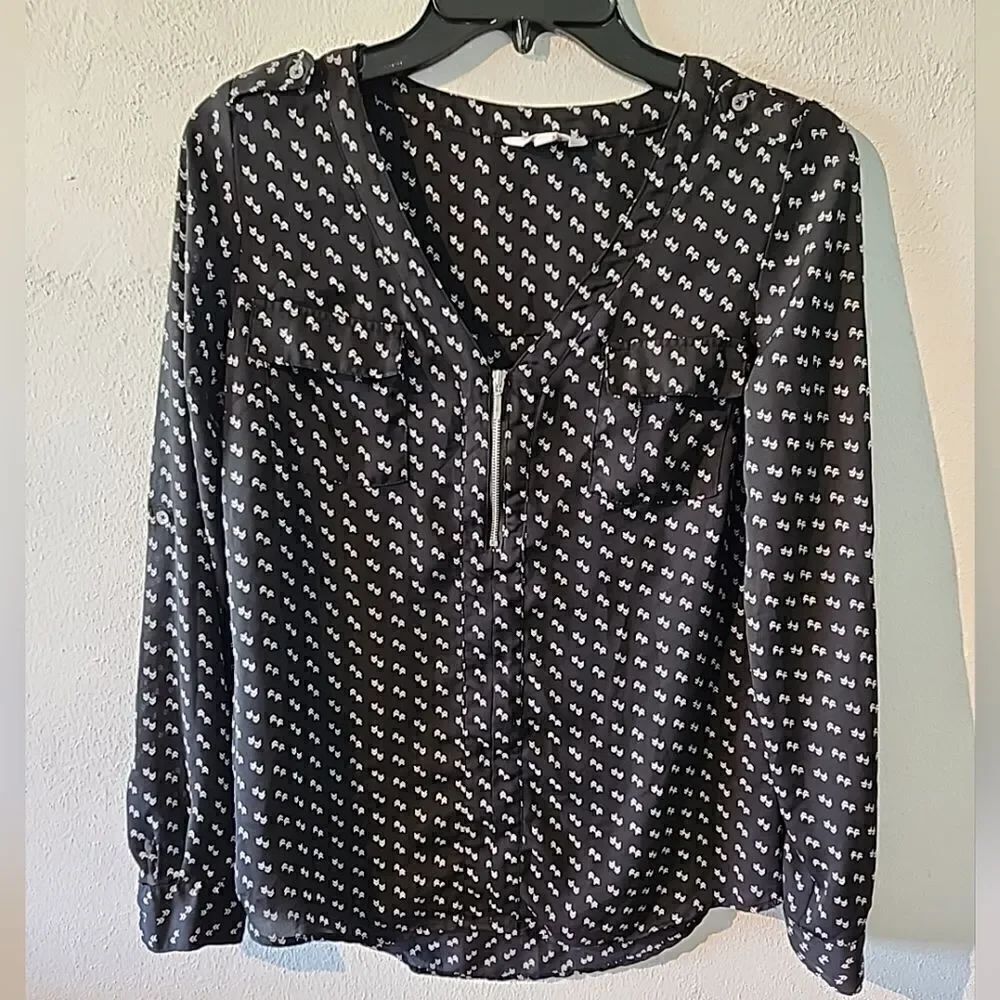 CANDIES 1/4 Zip Pull-On V-Neck Long Sleeve Roll Sleeves Semi-Sheer Black Small